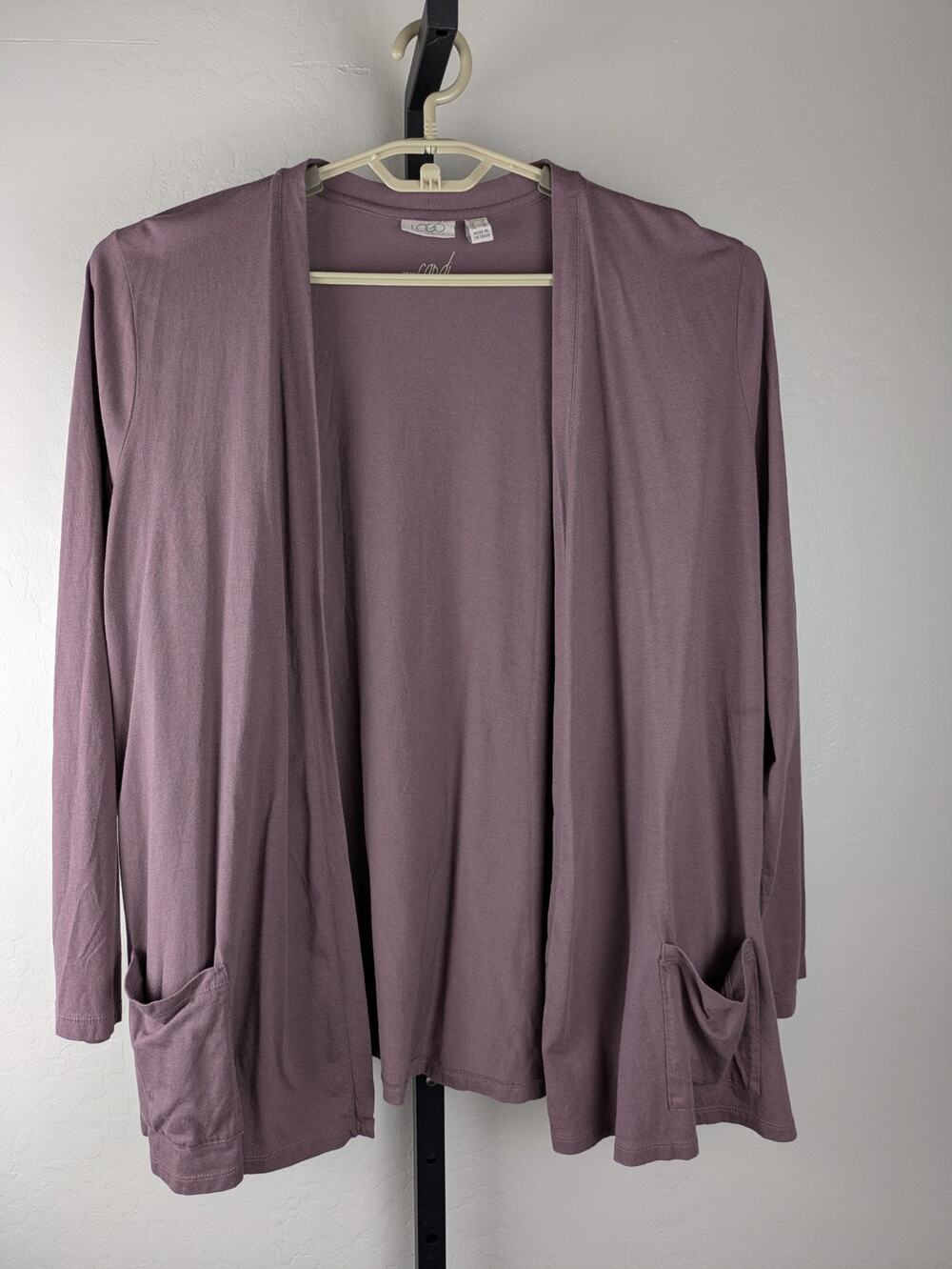 LOGO by Lori Goldstein The Cardi size Large Purple Knit Cardigan slouchy pockets